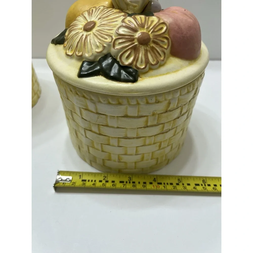 Vintage Ceramic Canister Set Of 2 Yellow Basket Weave Fruit With Lids 1970s